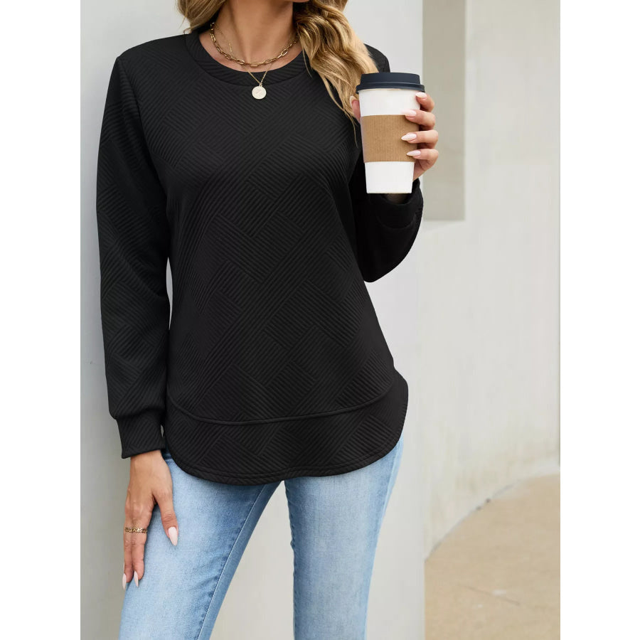 Textured Crew Neck Sweatshirt Black / S Apparel and Accessories