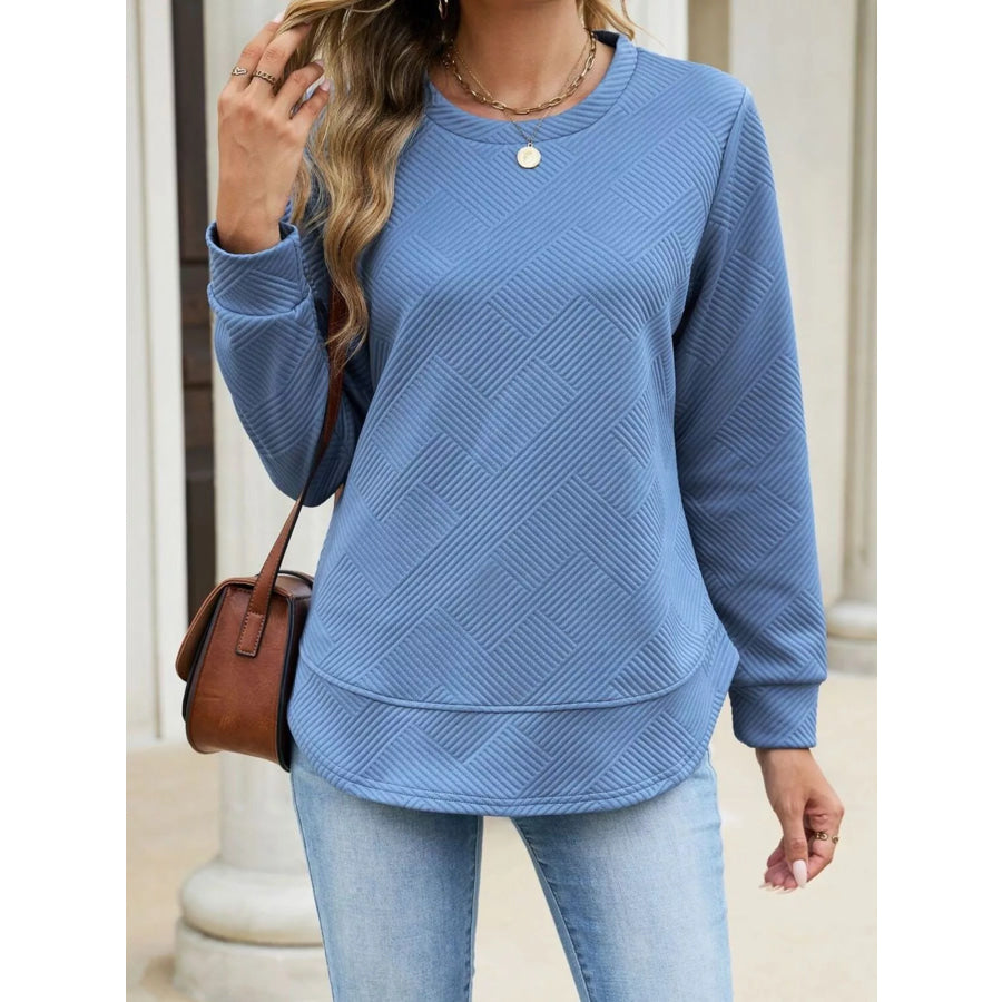 Textured Crew Neck Sweatshirt Blue / S Apparel and Accessories