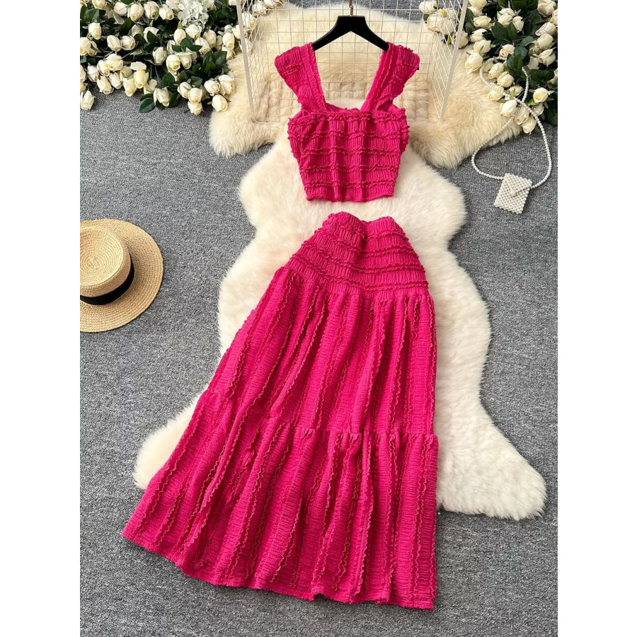 Textured Crop Top and Tiered Skirt Set Apparel and Accessories