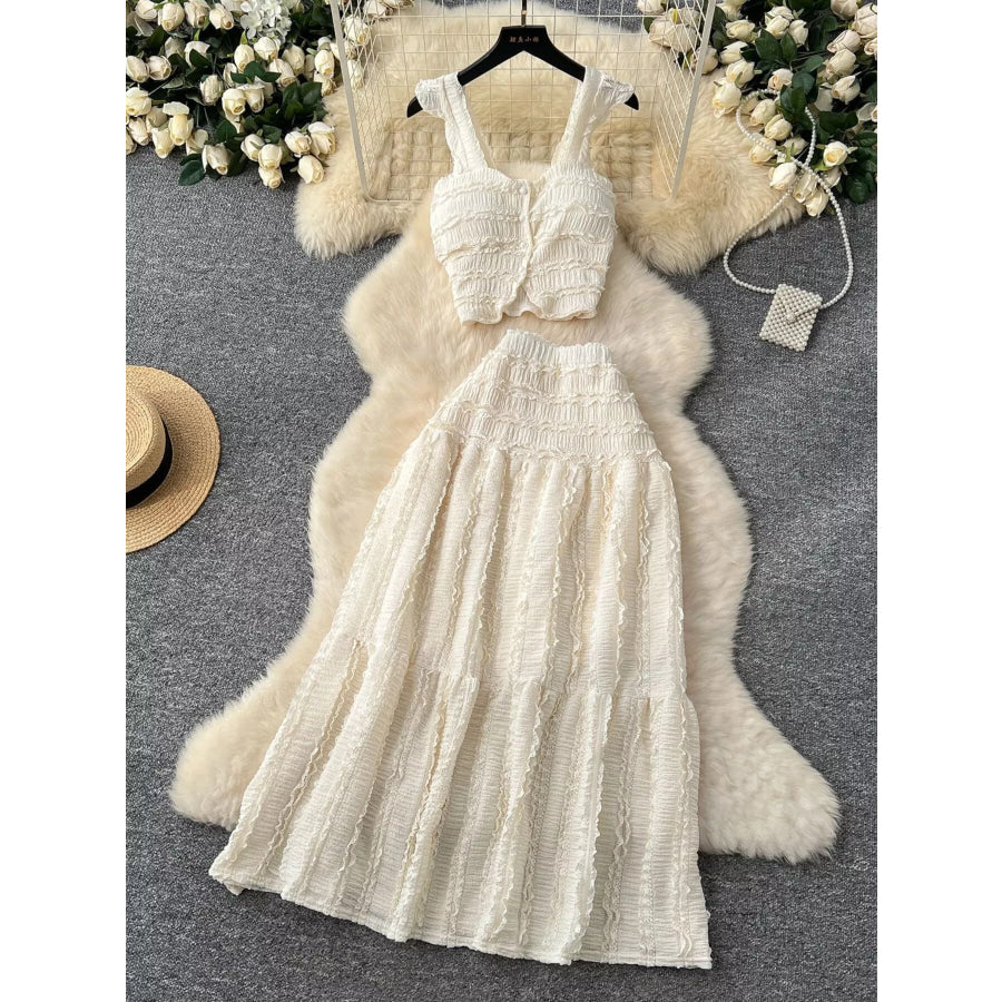 Textured Crop Top and Tiered Skirt Set Apricot / One Size Apparel and Accessories