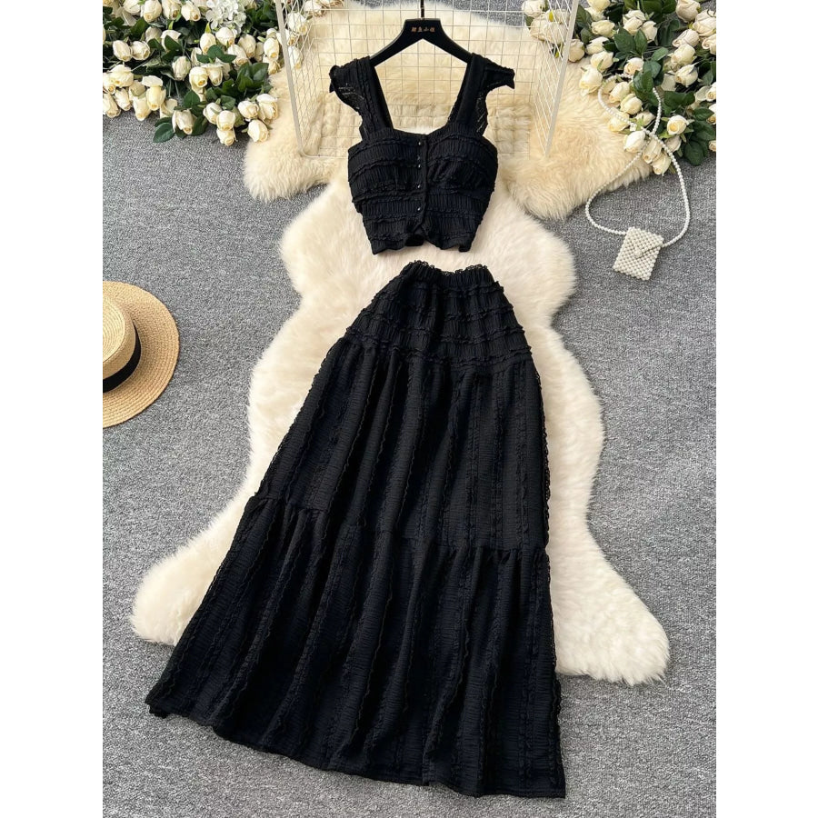 Textured Crop Top and Tiered Skirt Set Black / One Size Apparel and Accessories