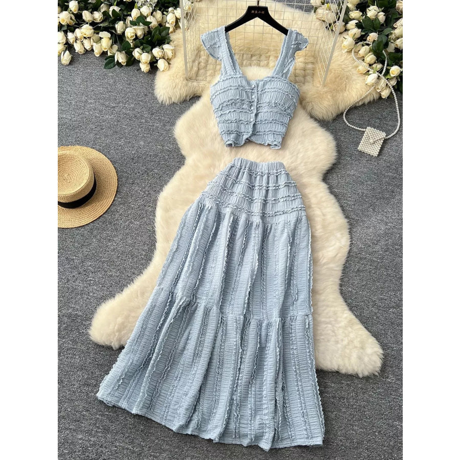 Textured Crop Top and Tiered Skirt Set Light Blue / One Size Apparel and Accessories