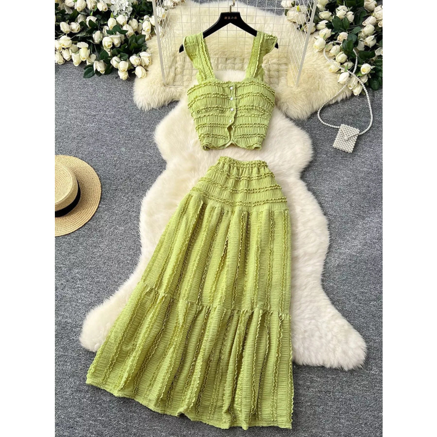 Textured Crop Top and Tiered Skirt Set Light Green / One Size Apparel and Accessories