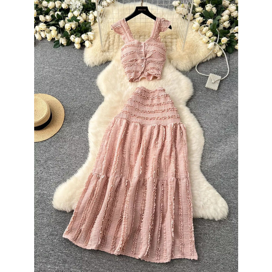 Textured Crop Top and Tiered Skirt Set Pink / One Size Apparel and Accessories