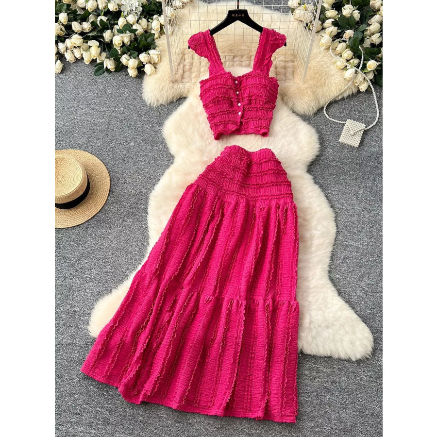 Textured Crop Top and Tiered Skirt Set Rose Red / One Size Apparel and Accessories