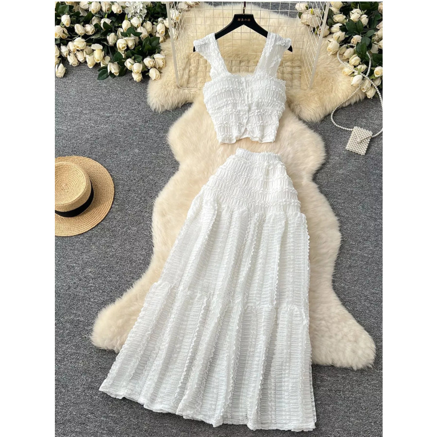 Textured Crop Top and Tiered Skirt Set White / One Size Apparel and Accessories