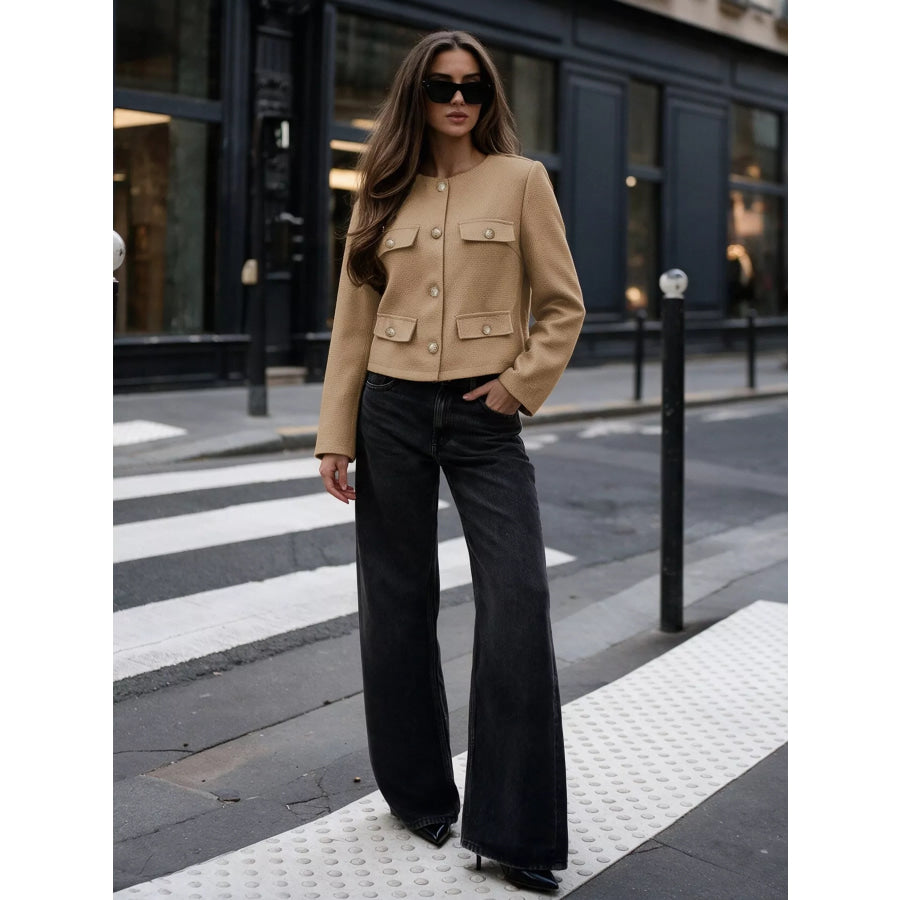 Textured Cropped Jacket with Gold-Tone Button Apparel and Accessories