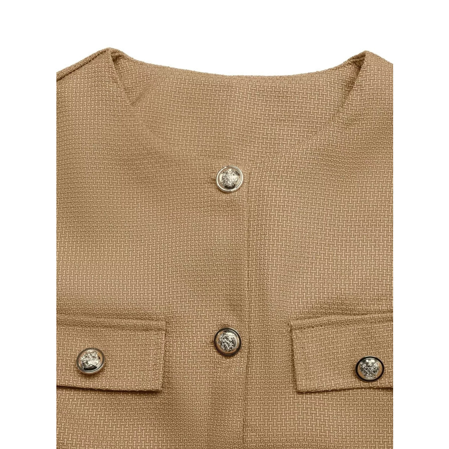 Textured Cropped Jacket with Gold-Tone Button Apparel and Accessories