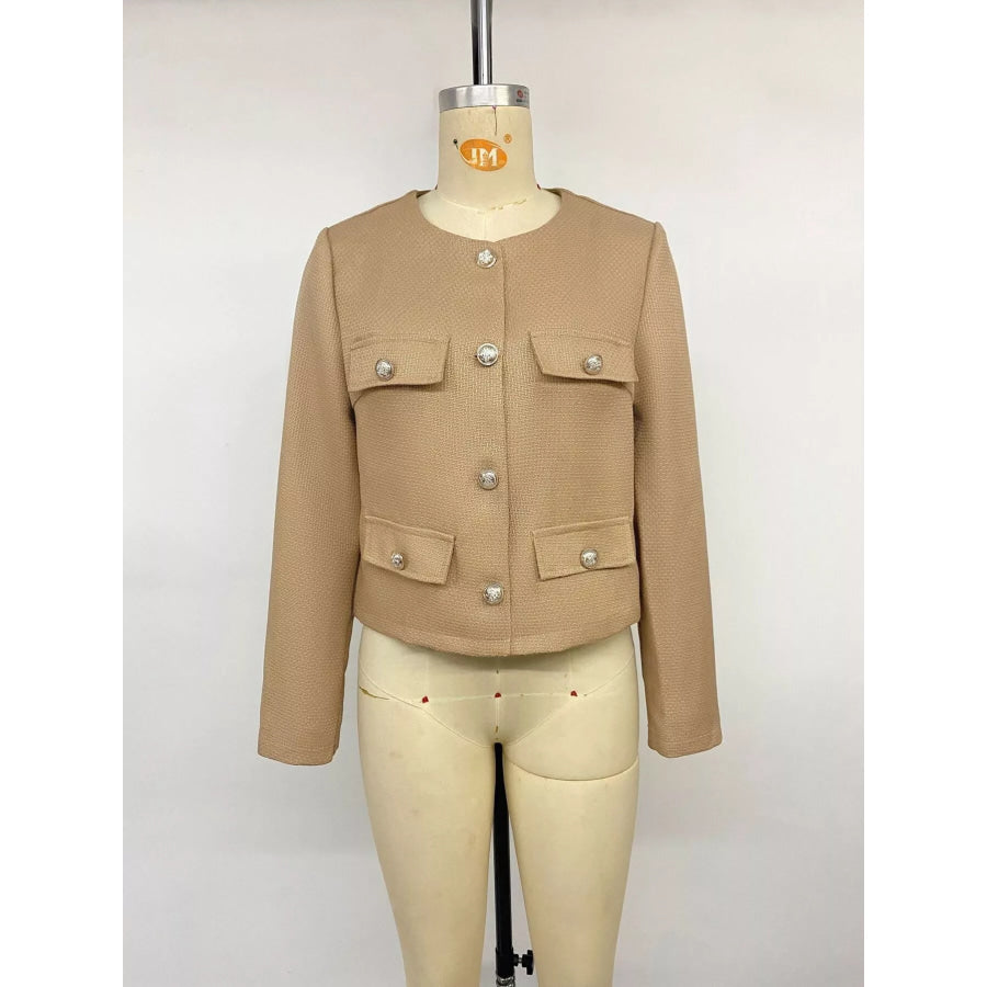 Textured Cropped Jacket with Gold-Tone Button Apparel and Accessories