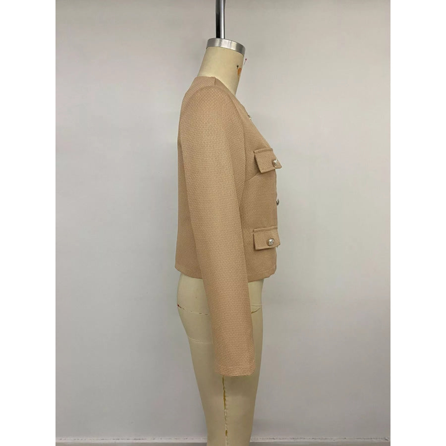 Textured Cropped Jacket with Gold-Tone Button Apparel and Accessories
