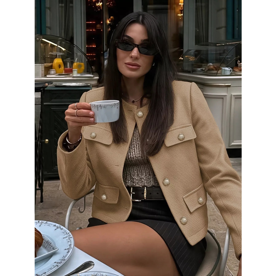 Textured Cropped Jacket with Gold-Tone Button Apparel and Accessories