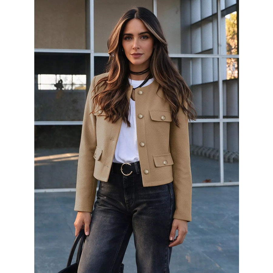 Textured Cropped Jacket with Gold-Tone Button Apparel and Accessories