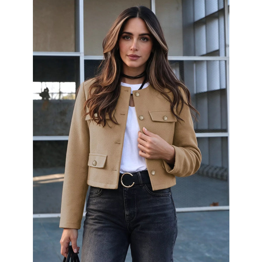 Textured Cropped Jacket with Gold-Tone Button Apparel and Accessories