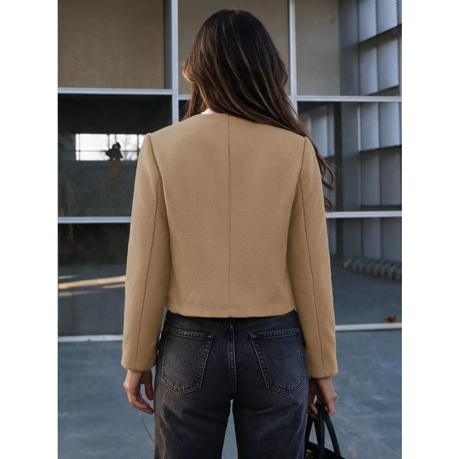 Textured Cropped Jacket with Gold-Tone Button Apparel and Accessories
