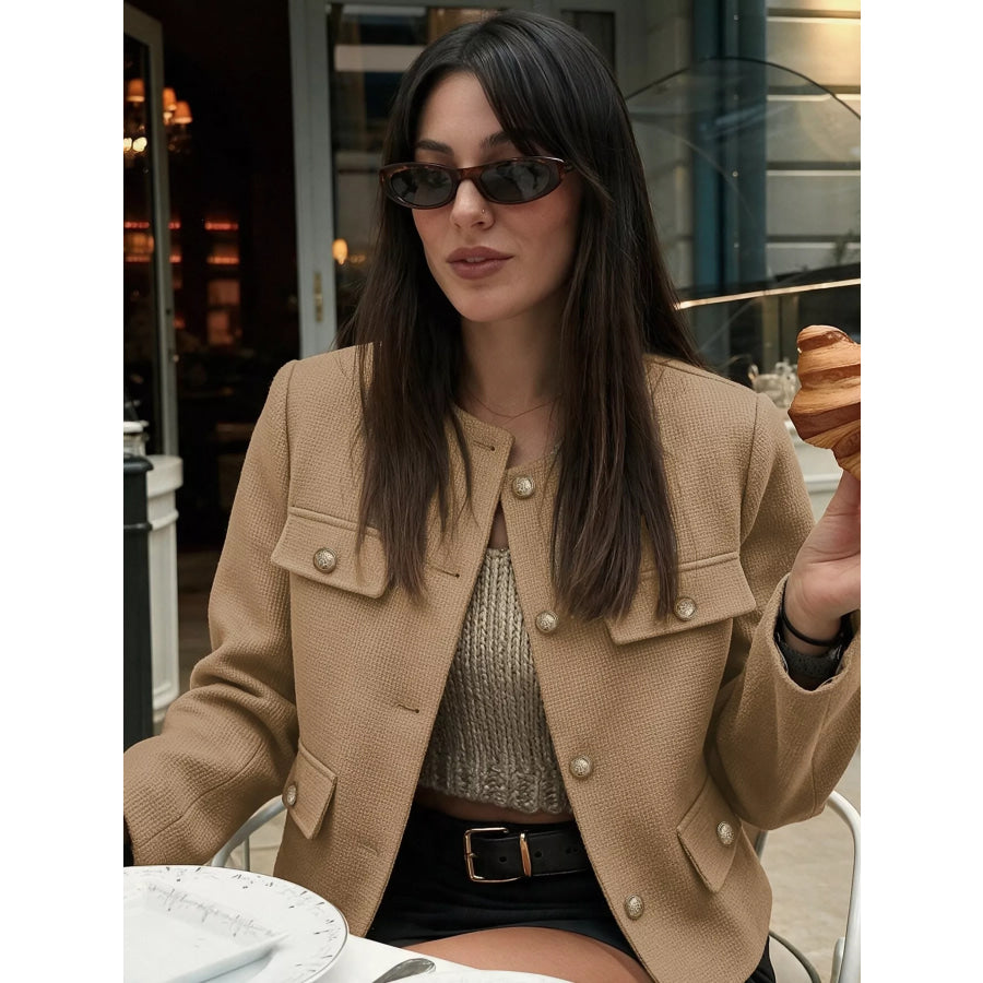 Textured Cropped Jacket with Gold-Tone Button Apparel and Accessories