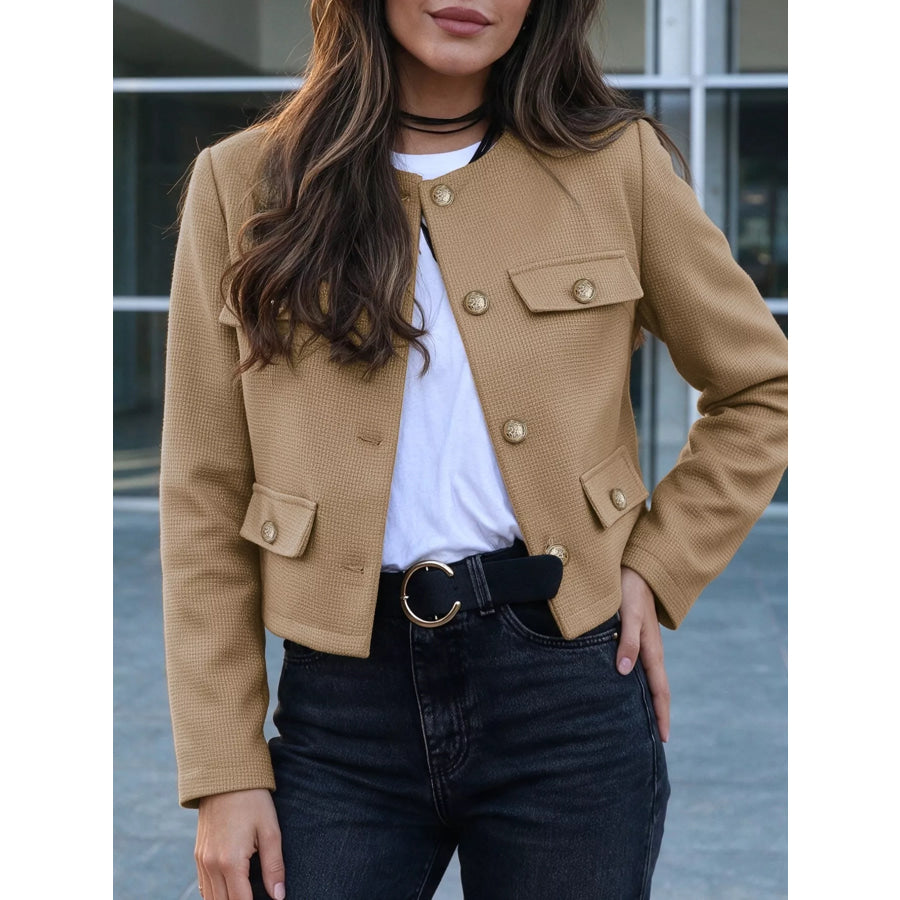 Textured Cropped Jacket with Gold-Tone Button Khaki / S Apparel and Accessories