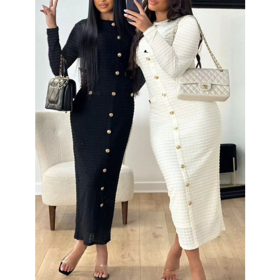 Textured Decor Button Midi Dress Apparel and Accessories