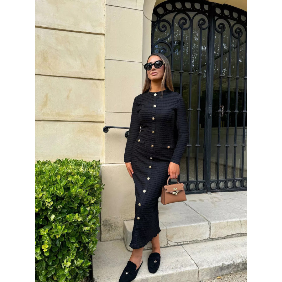 Textured Decor Button Midi Dress Black / S Apparel and Accessories
