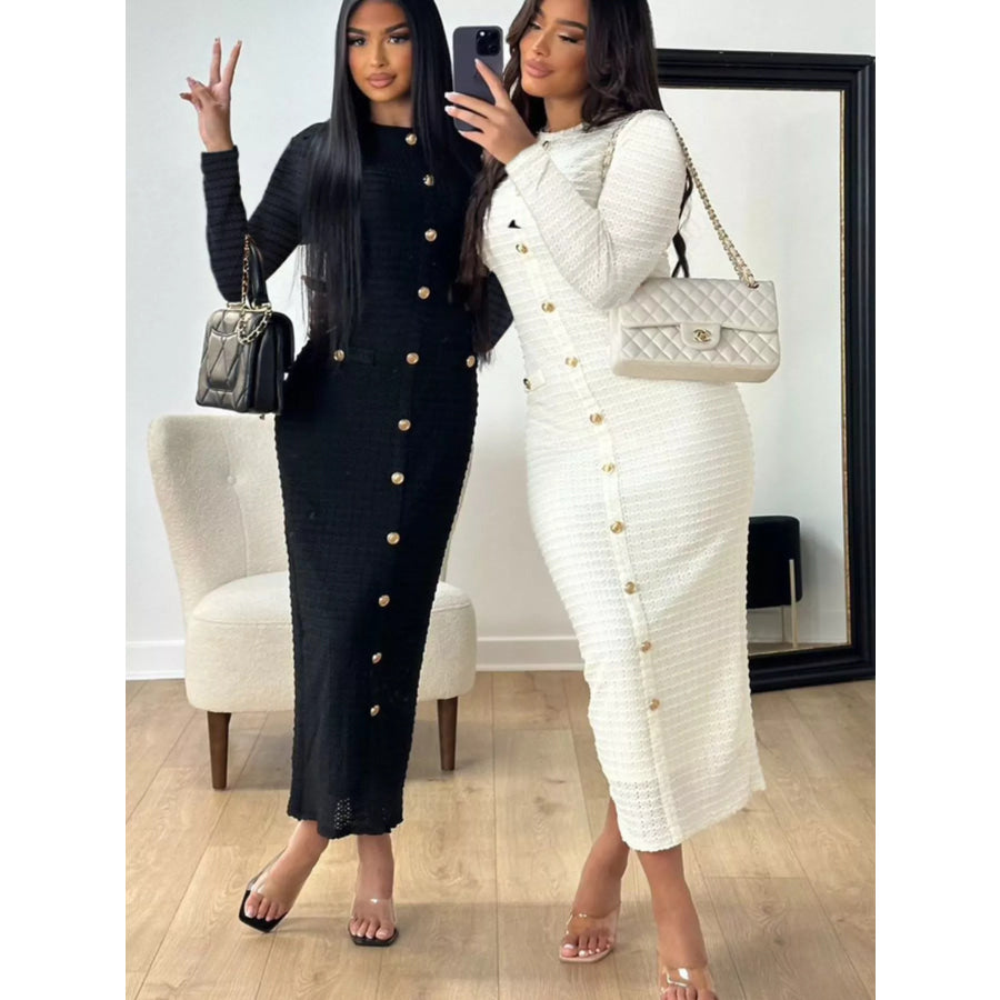 Textured Decor Button Midi Dress White / S Apparel and Accessories