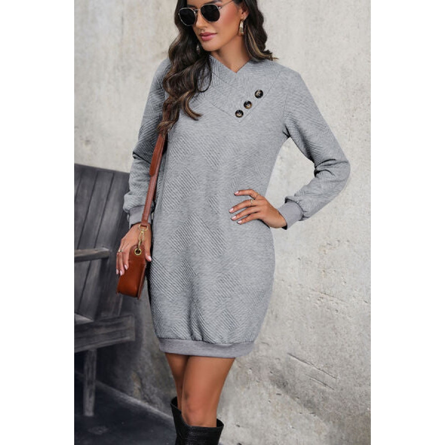 Textured Decorative Button Mini Dress Clothing