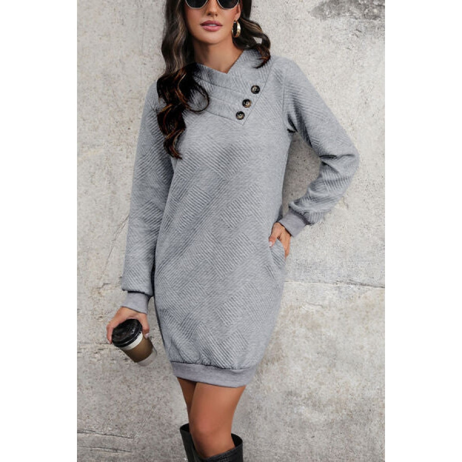 Textured Decorative Button Mini Dress Clothing