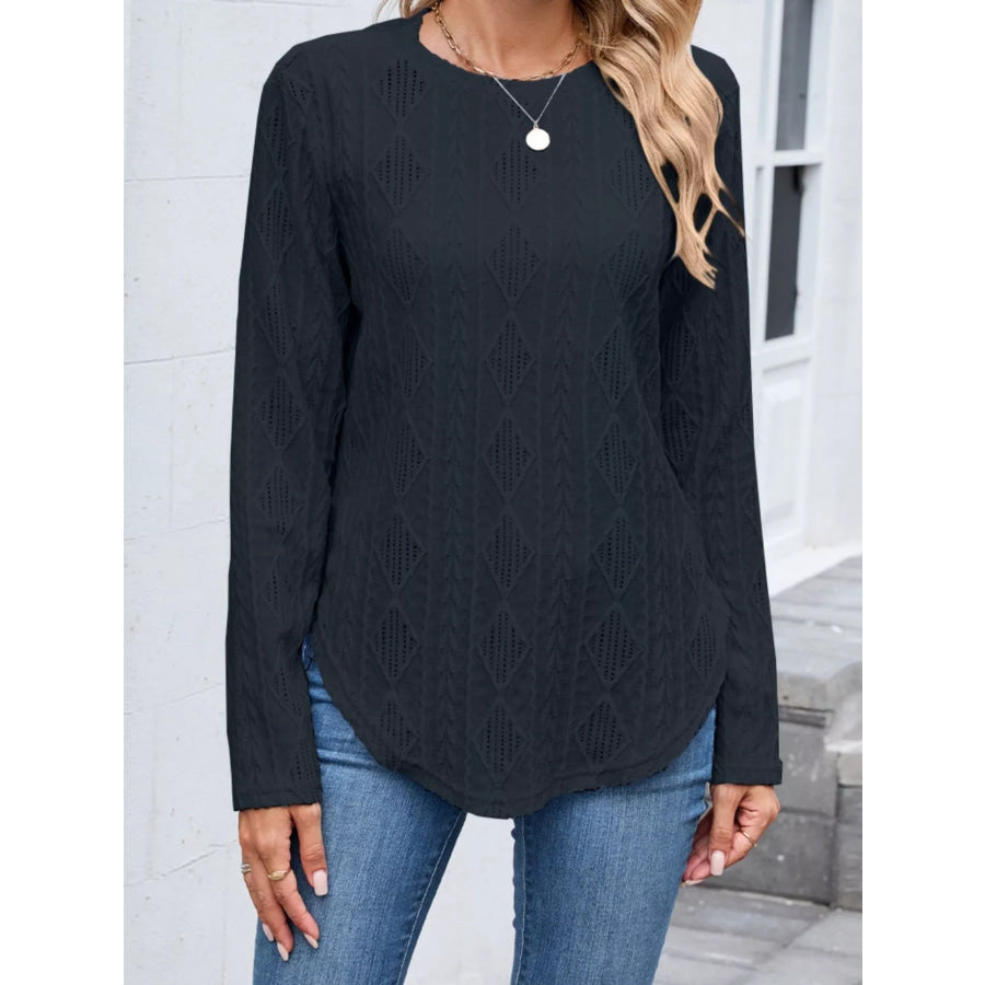Textured Diamond Knit Long Sleeve T-Shirt Black / S Apparel and Accessories