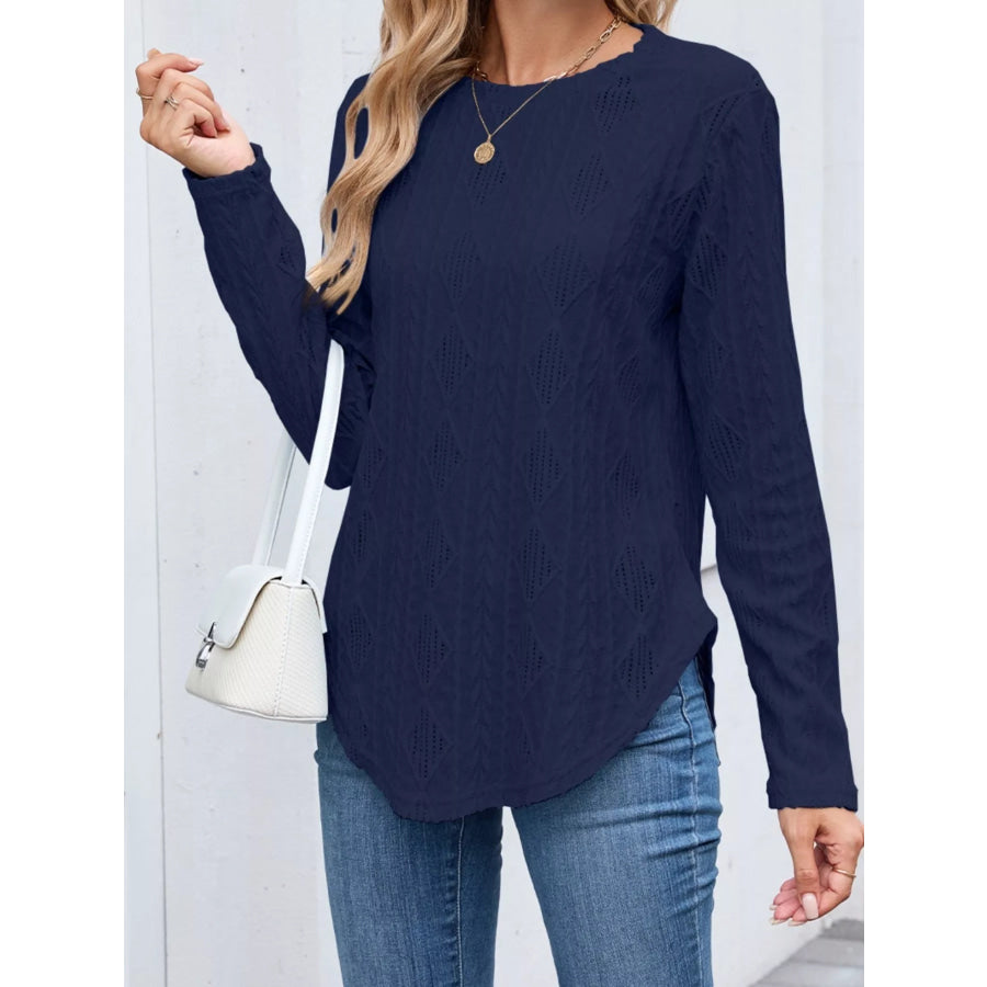 Textured Diamond Knit Long Sleeve T-Shirt Navy Blue / S Apparel and Accessories