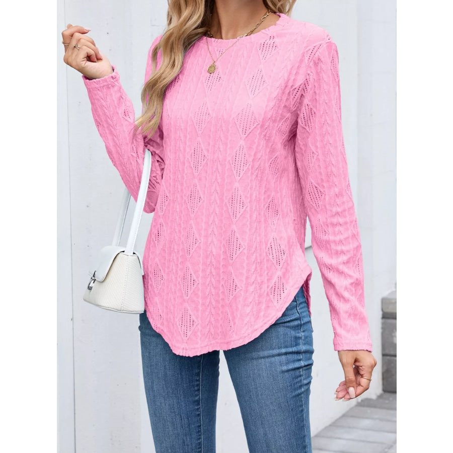 Textured Diamond Knit Long Sleeve T-Shirt Pink / S Apparel and Accessories