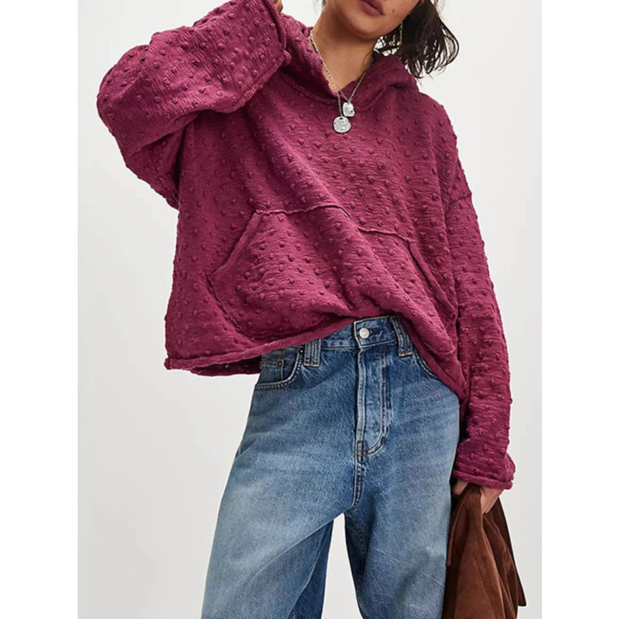 Textured Dot Knit Long Sleeve Hooded Sweater Burgundy / S Apparel and Accessories