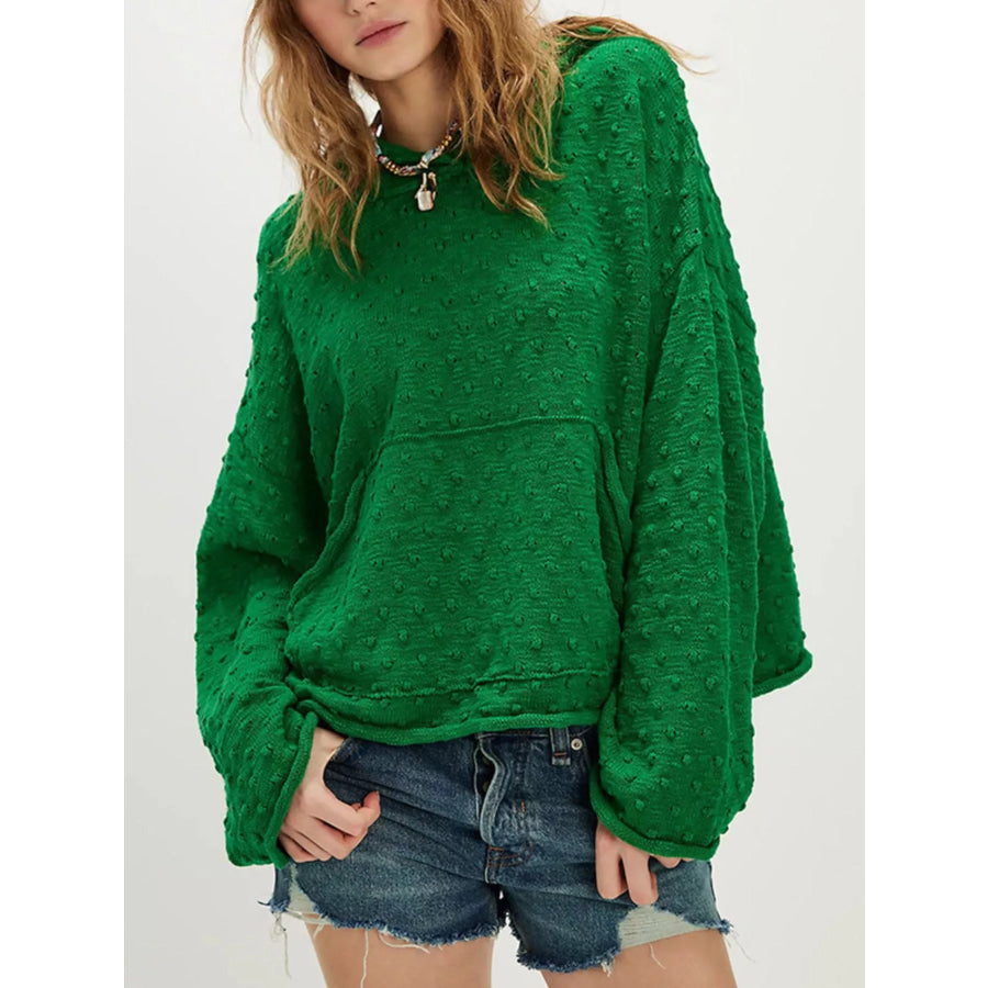 Textured Dot Knit Long Sleeve Hooded Sweater Green / S Apparel and Accessories
