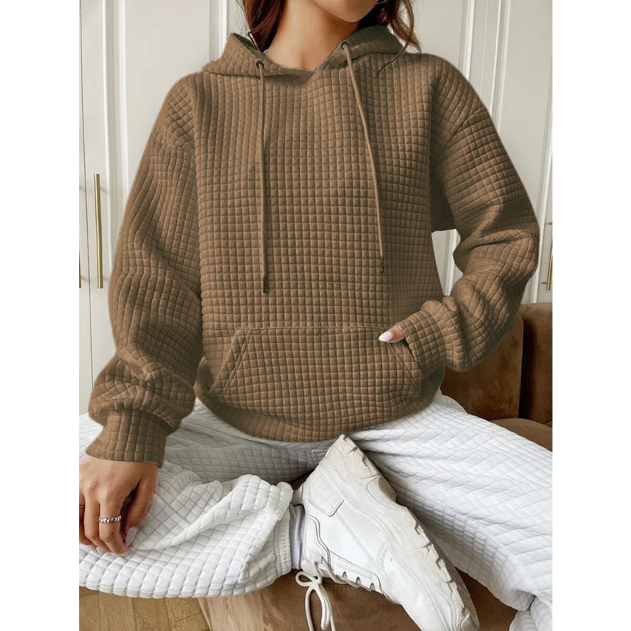 Textured Drawstring Drop Shoulder Hoodie Camel / S