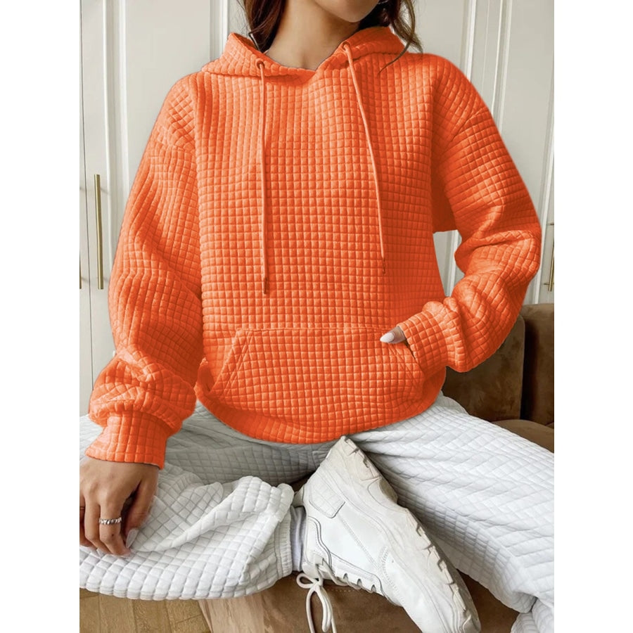 Textured Drawstring Drop Shoulder Hoodie Orange / S