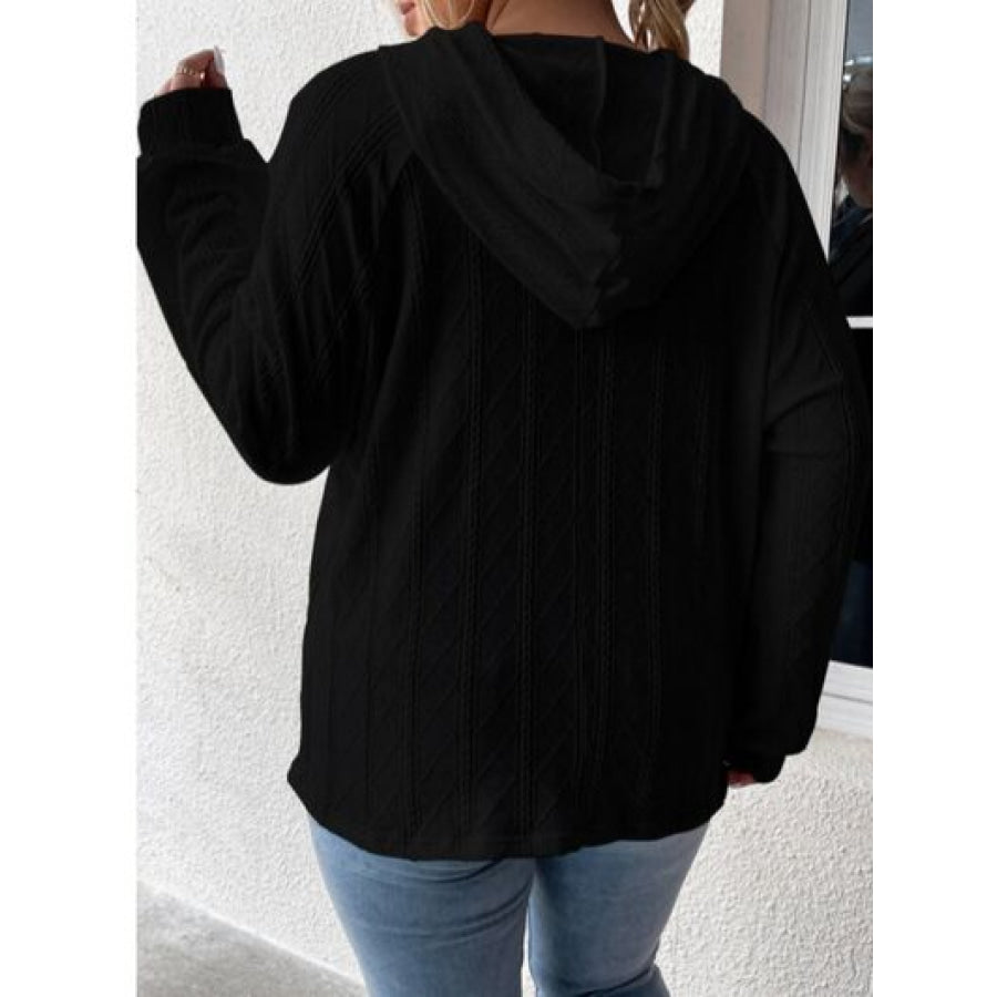 Textured Drawstring Kangaroo Pocket Hoodie Black / S Apparel and Accessories