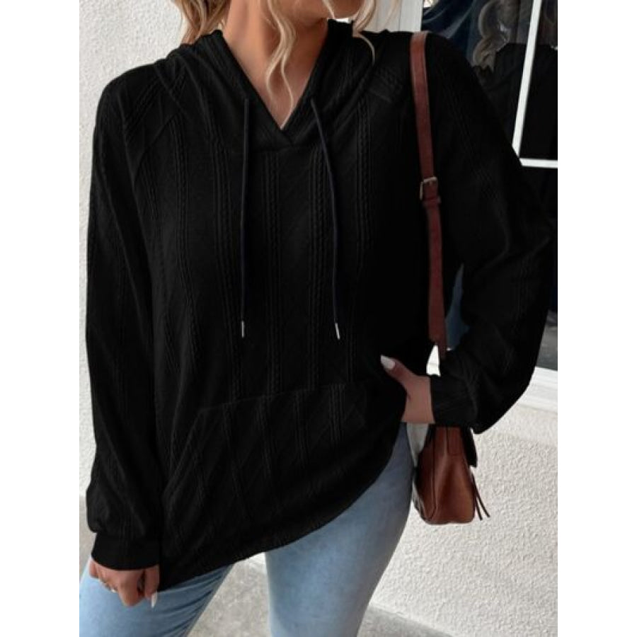 Textured Drawstring Kangaroo Pocket Hoodie Black / S Apparel and Accessories