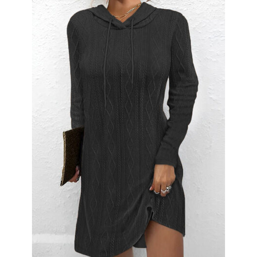 Textured Drawstring Long Sleeve Hooded Dress Black / S Apparel and Accessories