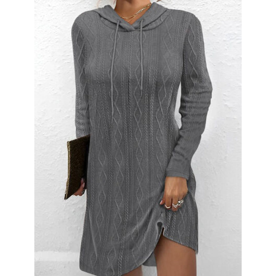 Textured Drawstring Long Sleeve Hooded Dress Charcoal / S Apparel and Accessories