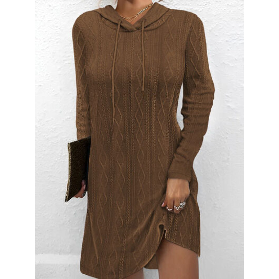 Textured Drawstring Long Sleeve Hooded Dress Chestnut / S Apparel and Accessories