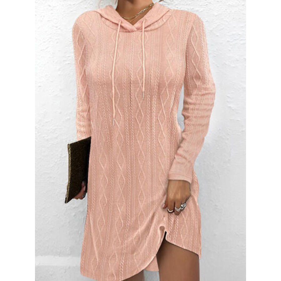 Textured Drawstring Long Sleeve Hooded Dress Peach / S Apparel and Accessories