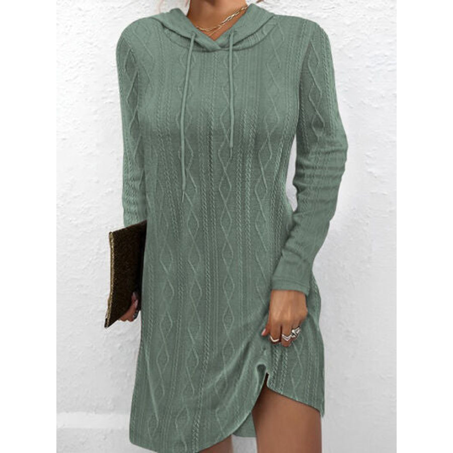 Textured Drawstring Long Sleeve Hooded Dress Sage / S Apparel and Accessories