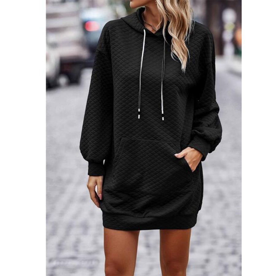 Textured Drawstring Tunic Hoodie Black / S