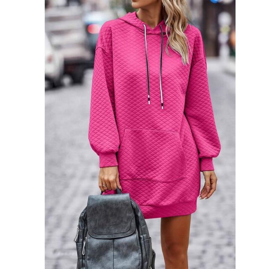 Textured Drawstring Tunic Hoodie Hot Pink / S