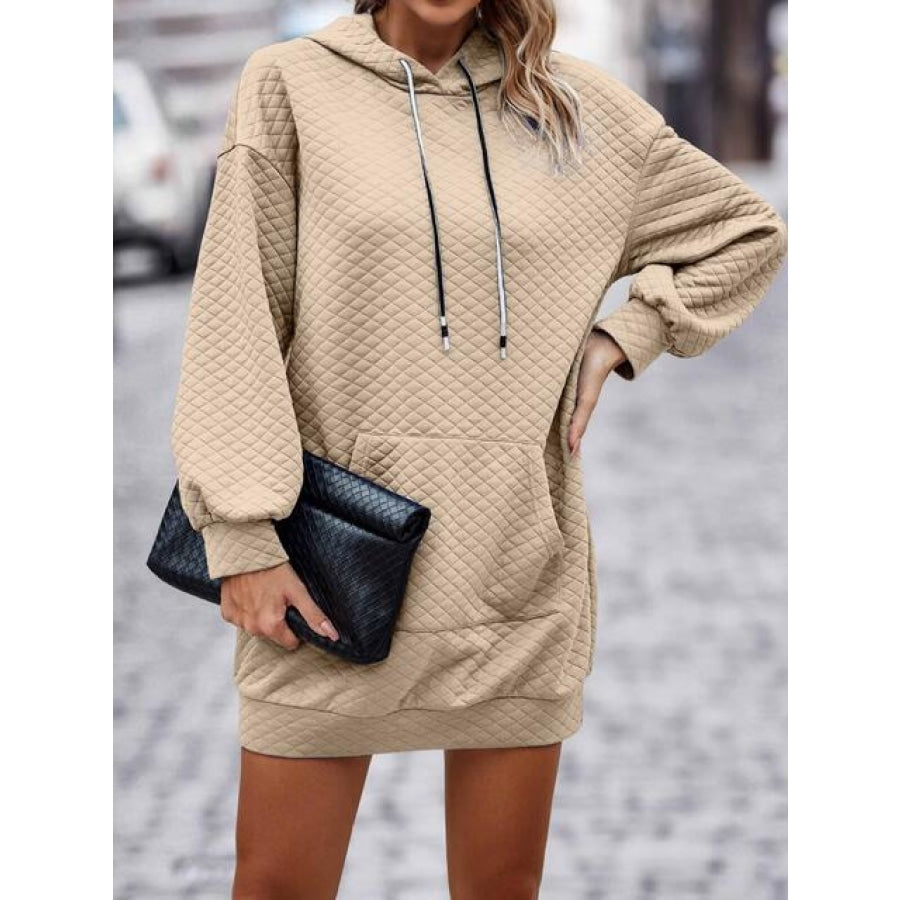 Textured Drawstring Tunic Hoodie Tan / S