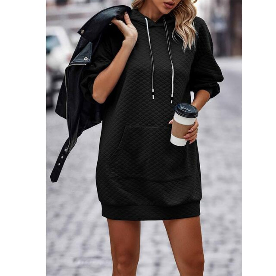 Textured Drawstring Tunic Hoodie Black / S
