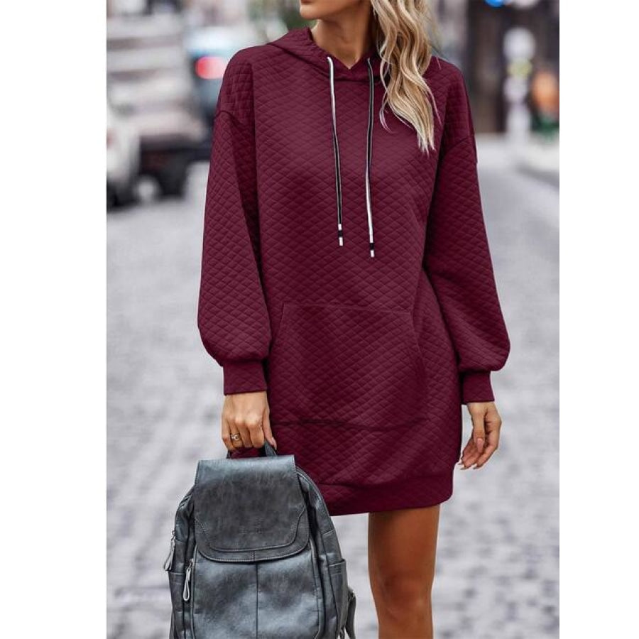 Textured Drawstring Tunic Hoodie Wine / S