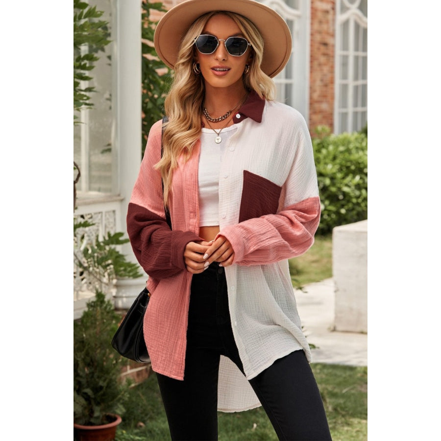 Textured Drop Shoulder Longline Shirt Cerise / S