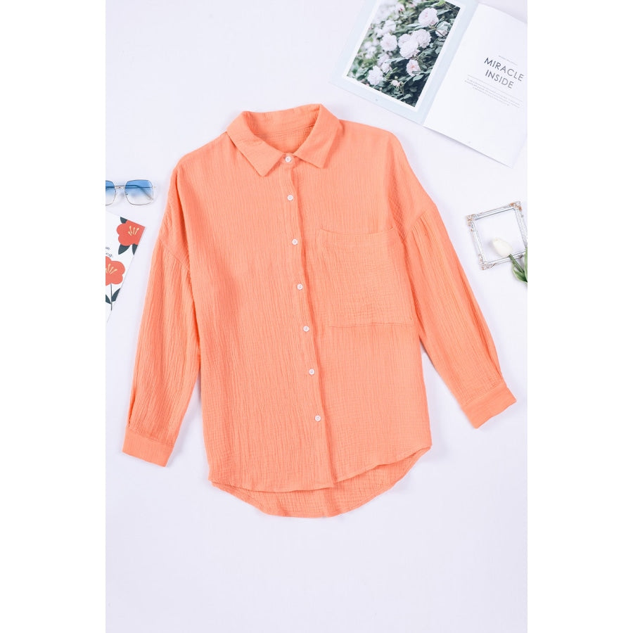 Textured Drop Shoulder Longline Shirt Coral / S