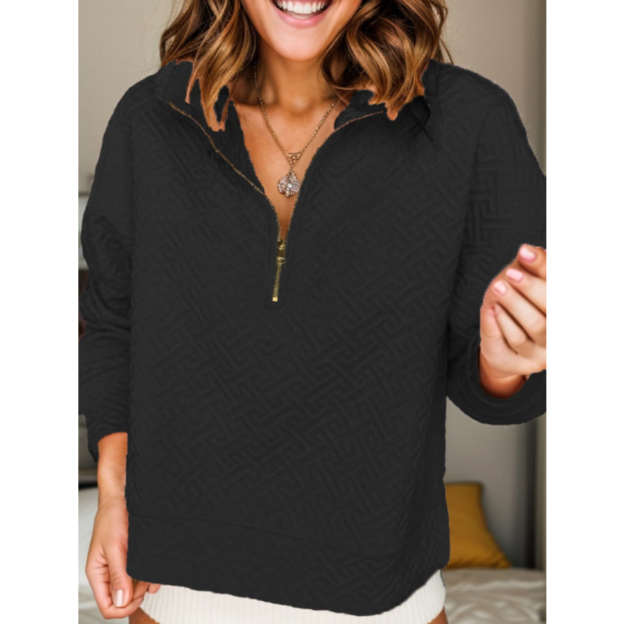 Textured Dropped Shoulder Long Sleeve Sweatshirt Black / S Apparel and Accessories