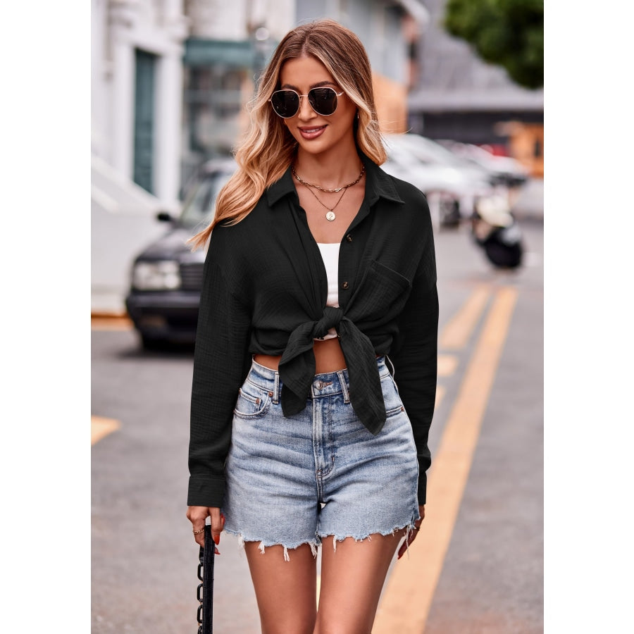 Textured Dropped Shoulder Longline Shirt Black / S