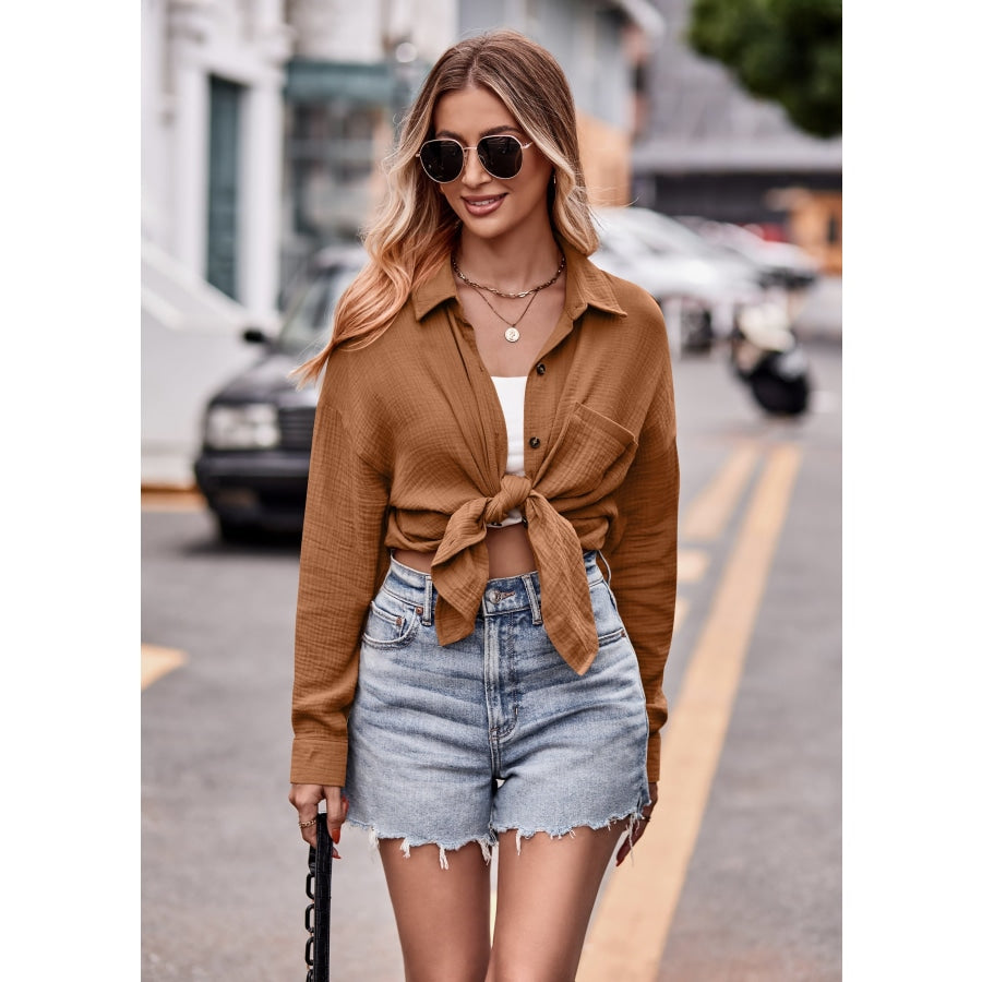 Textured Dropped Shoulder Longline Shirt Caramel / S