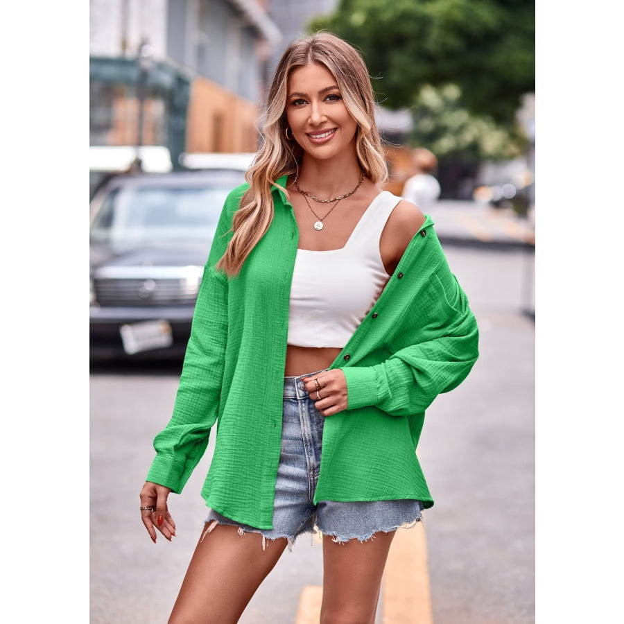 Textured Dropped Shoulder Longline Shirt Mid Green / S